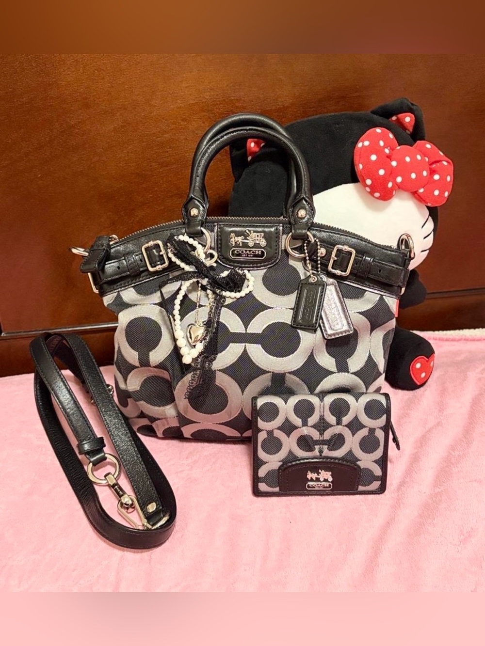 Coach Signature Op Art Satchel Bag with Matching Wallet Black Silver